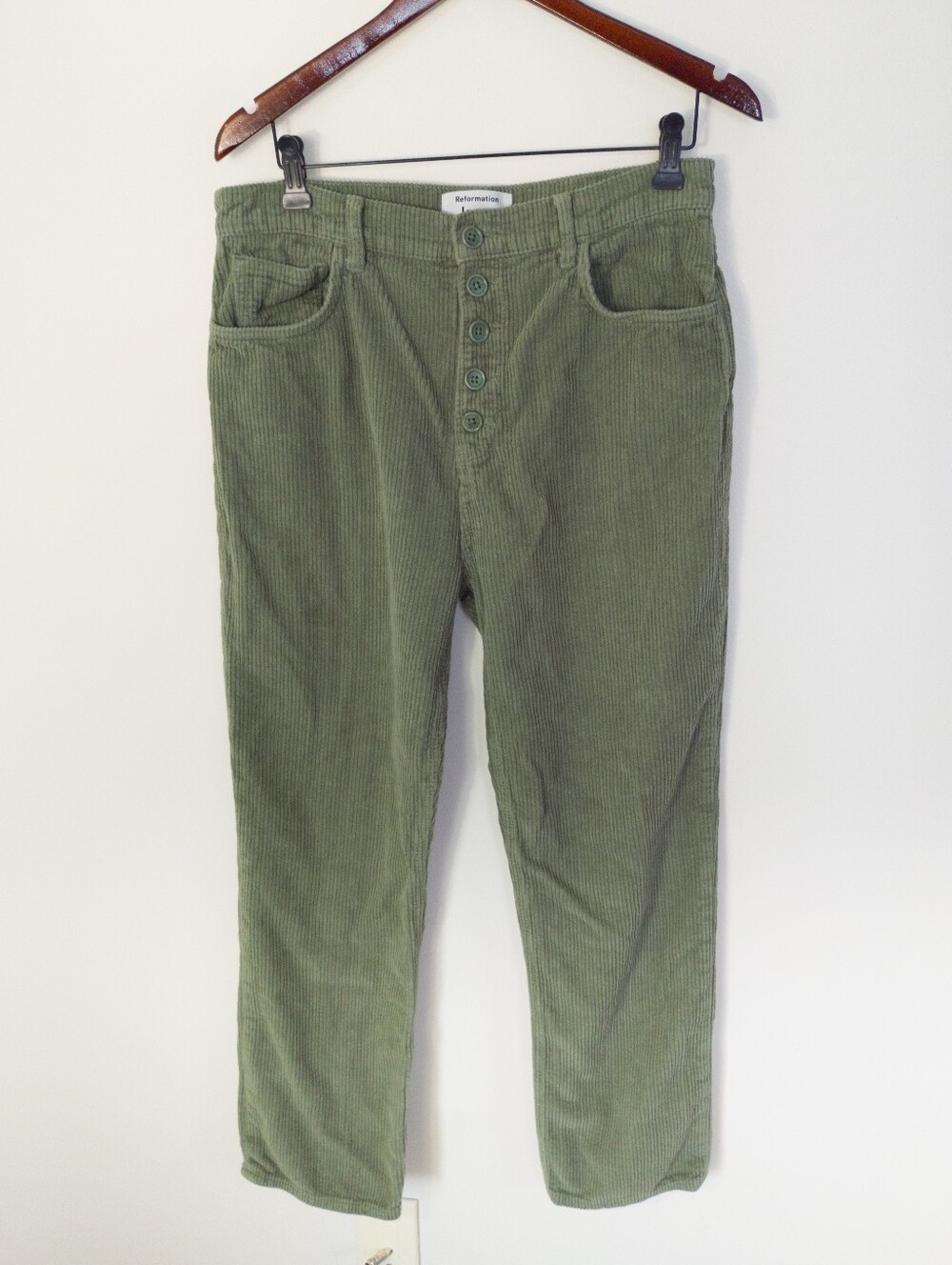 Reformation Moss Green Cynthia High Rise Corduroy Straight Leg Pants 30